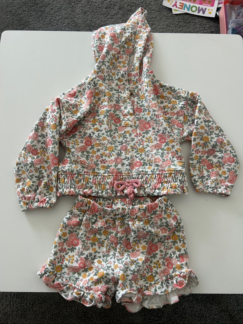 Girls Floral Hoodie & Ruffle Shorts Set - Pink, Yellow & Green